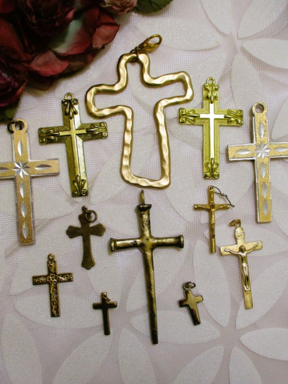 VINTAGE Gold Cross Crucifix Pendant Charm Lot - Religious Jewelry Making Gifting